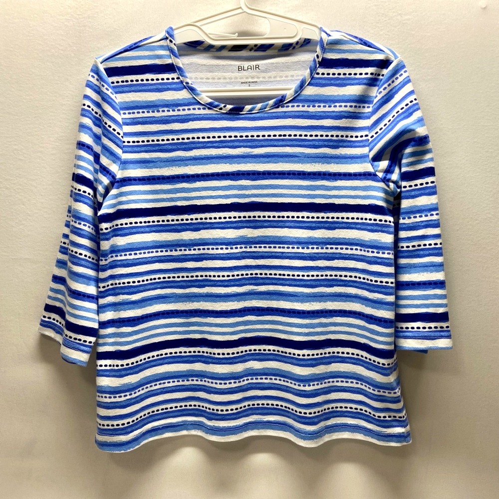 Blair Knit Top Women's Small Blue Stripe 3/4 Sleeve Cotton Blend Casual Tee EUC